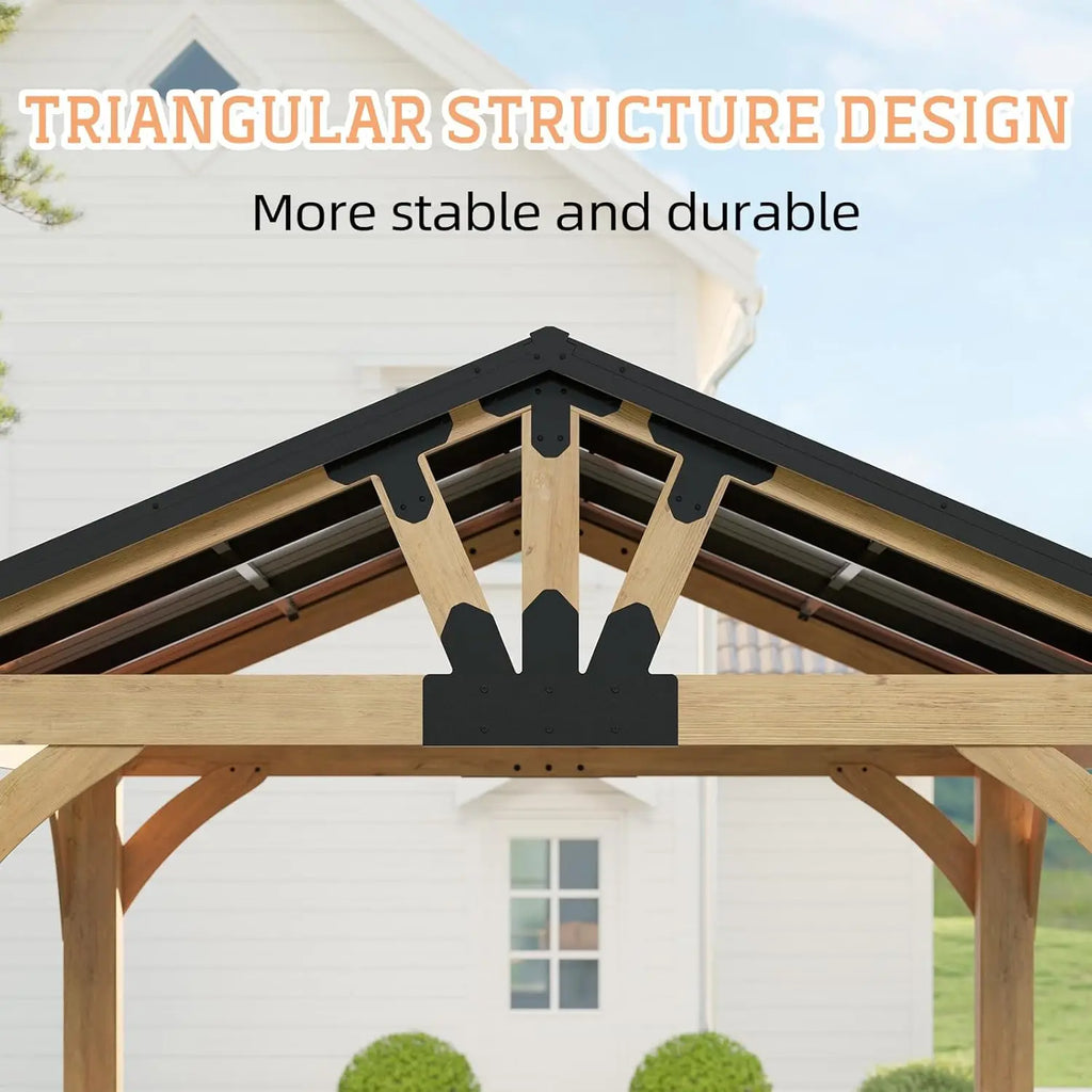 10x12 ft Wood Gazebo, Hardtop Gazebo with Galvanized Steel Peak Roof