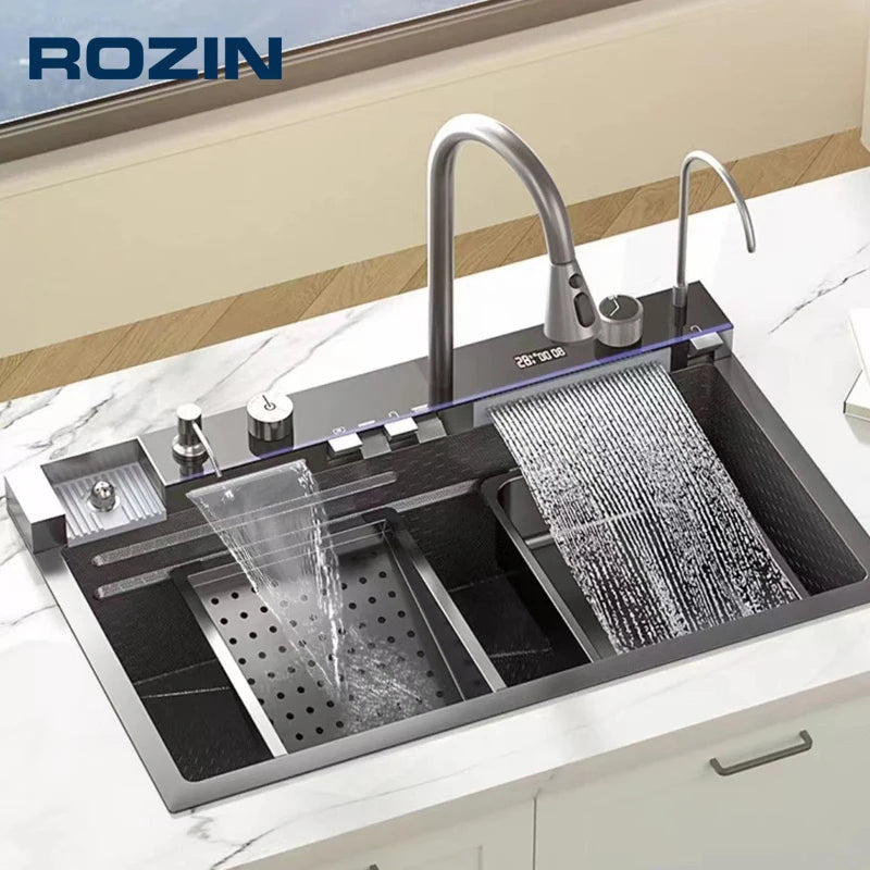 304 Stainless Steel Kitchen Sink with Digital Display Waterfall Faucet