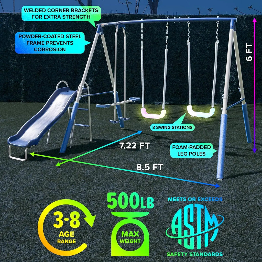 4-in-1 LED Swing Set with Glider and Slide, 500LBS Capacity, Durable Steel Frame