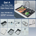 304 Stainless Steel Kitchen Sink with Digital Display Waterfall Faucet