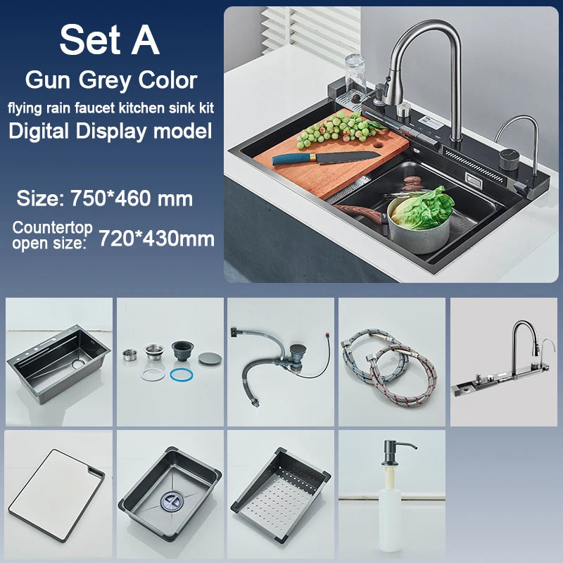 304 Stainless Steel Kitchen Sink with Digital Display Waterfall Faucet