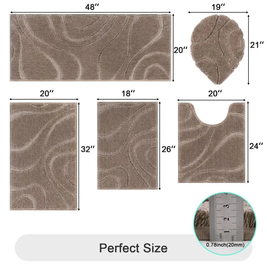 Bathroom Rugs Sets 5 Piece, Non Slip Washable Bath Rug Set with Toilet Cover