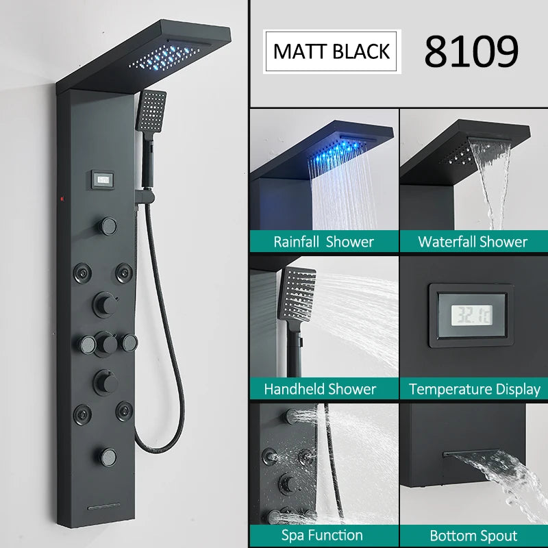 Black LED Shower Panel Tower System, Rain Waterfall Massage Body Spa