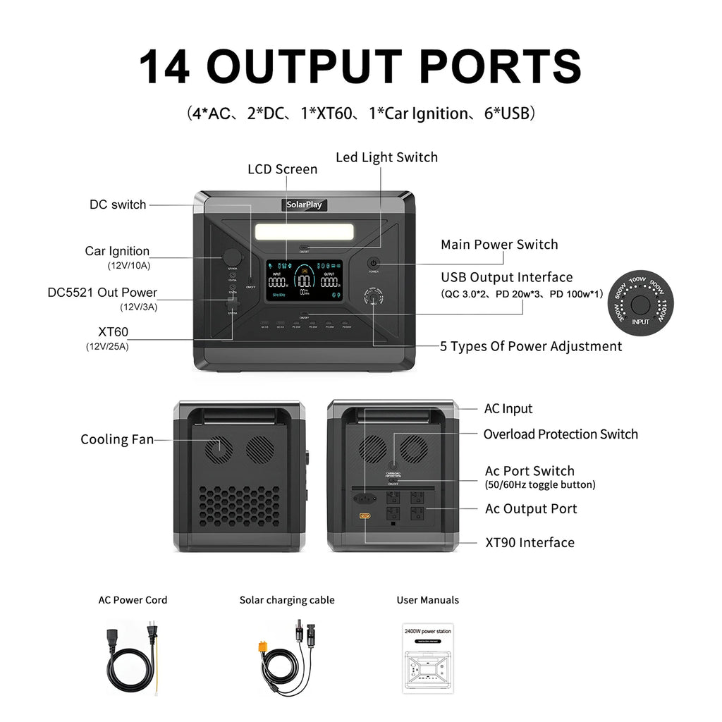Charging Station  2400W Portable Power Station 220V 110V AC Outlets