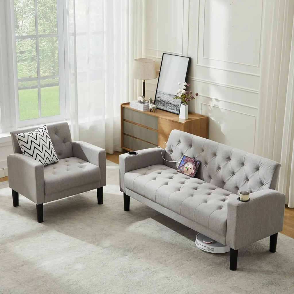 Pink Velvet Loveseat Sofa Set w/ 2 USB & 2 Cupholders