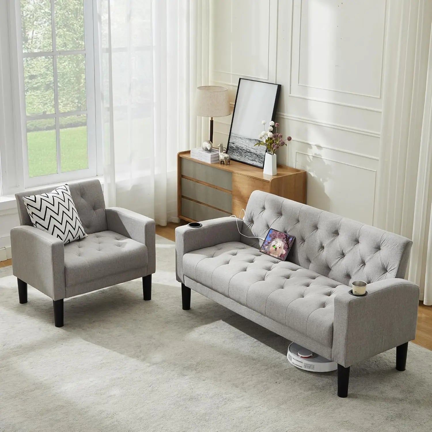 Pink Velvet Loveseat Sofa Set w/ 2 USB & 2 Cupholders