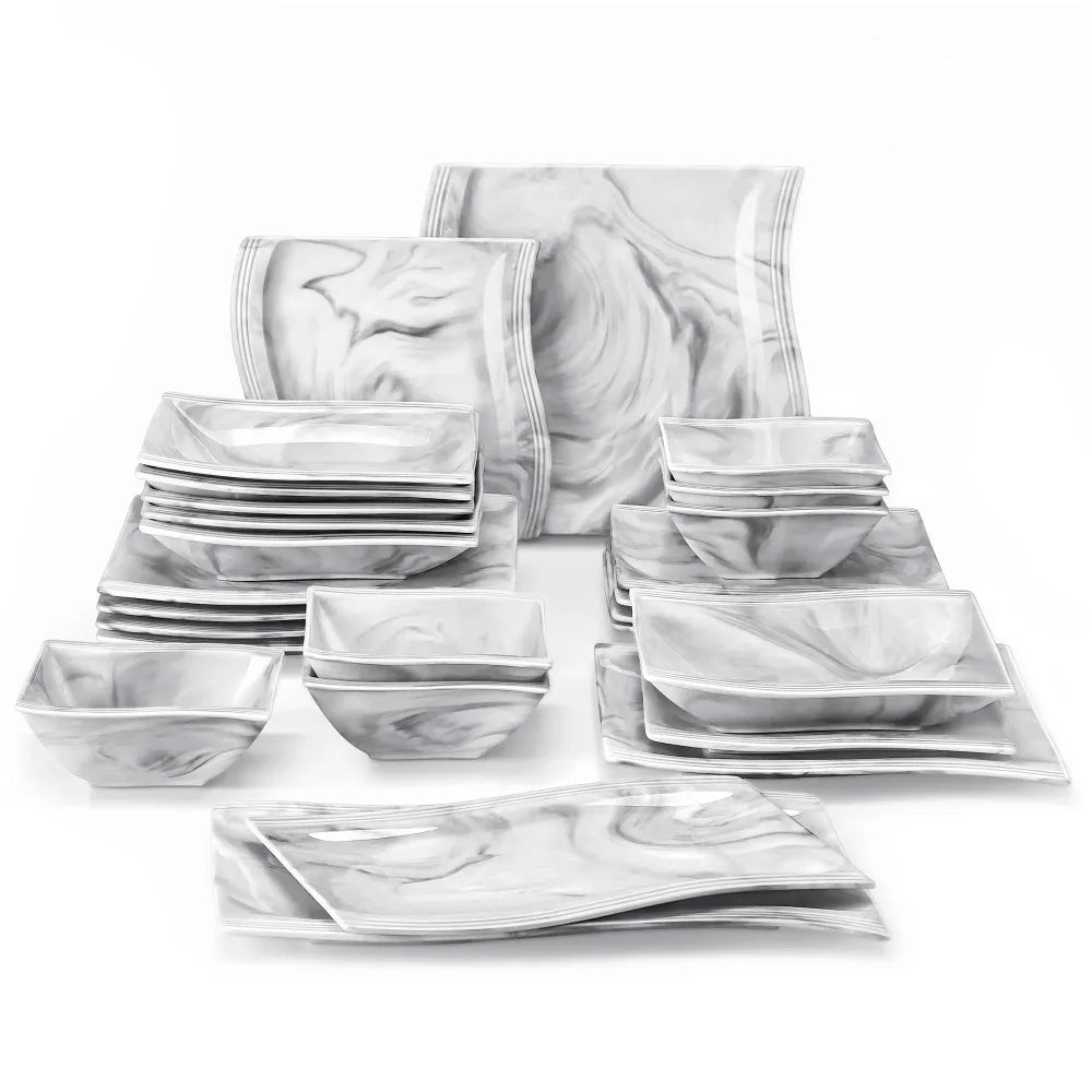26-PIECE Nordic European Marble Gray Porcelain Tableware Set with 6PCS Bowl Dinner Plate Dessert Soup Plate