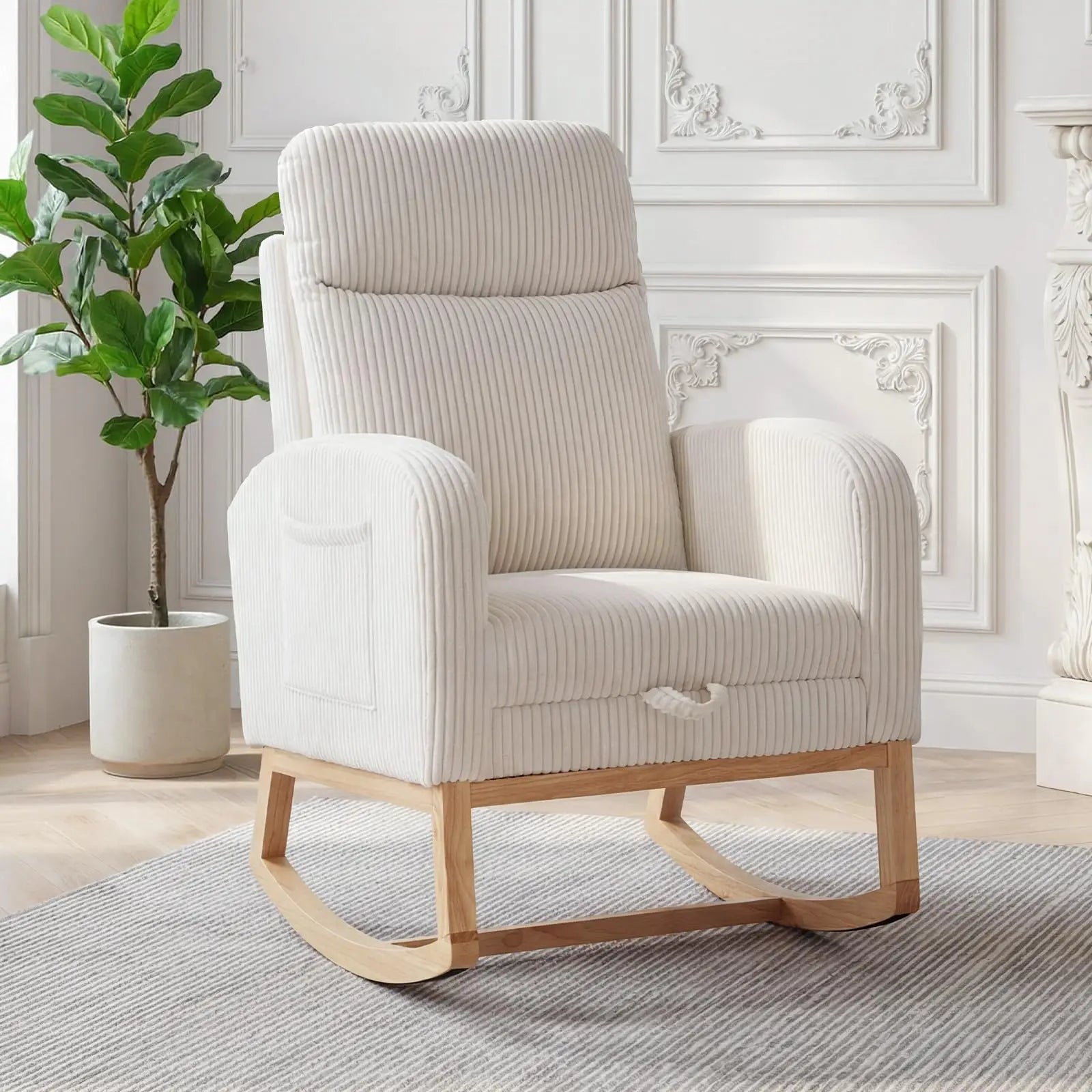 Corduroy Nursery Rocking Chair, Tufted Glider Rocker with Adjustable Footrest & Side Pocket