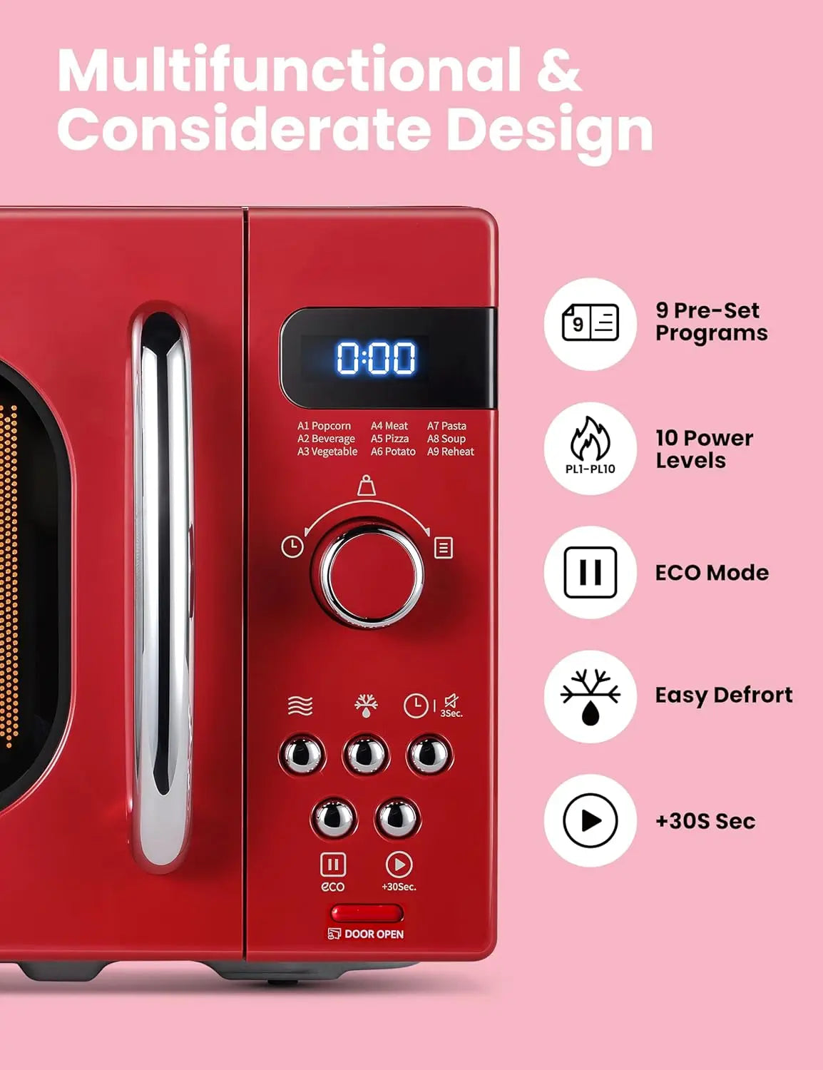 Retro Small Microwave Oven With Compact Size, 9 Preset Menus, Position-Memory Turntable, Mute