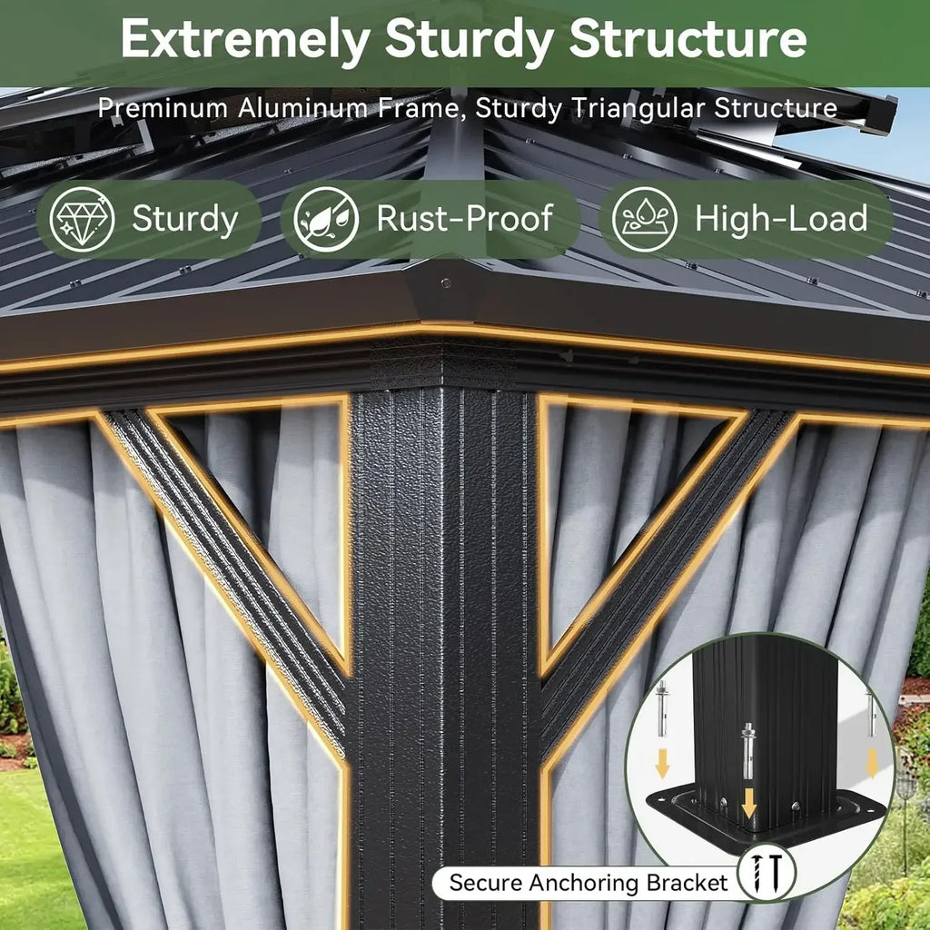 Hardtop Gazebo 10x12, Aluminum Frame Canopy with Double Galvanized Steel Roof