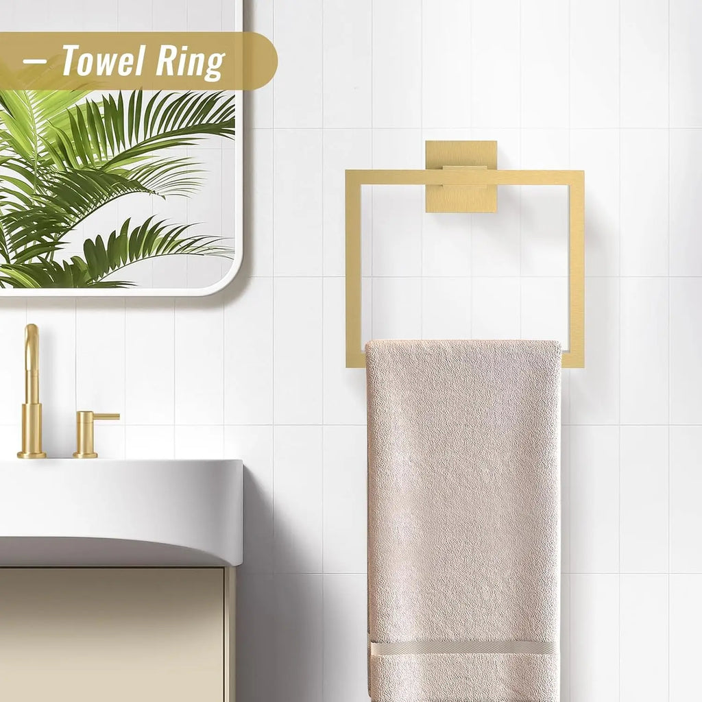 Brushed Gold Bathroom Hardware Accessorie Set 23.6 Inch Towel Bar Set 5-Pieces Towel Rack&Holder Set for Bathroom,Upgraded Toilet Paper Holder with Shelf,Stainless Steel Wall-Mounted