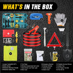 Car Emergency Kit with Jumper Cable, First Aid Kit Safety Assistance Tools for Travel Camping Outdoor Cars Truck SUV RV, Roadside Essentials with Flash Light