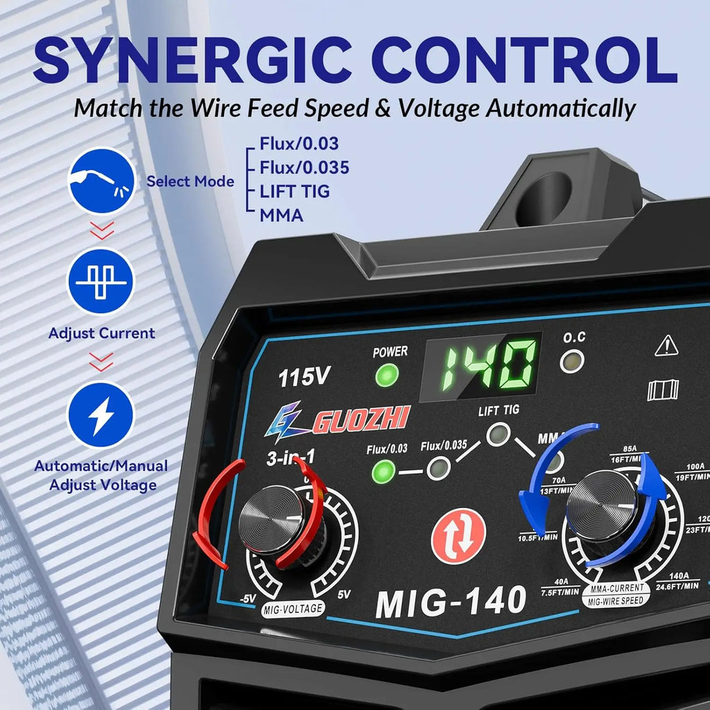 140A 3-in-1 MIG/ARC/Lift TIG Welder, 110V Multi-Process Welding Machine with Flux Core Gun