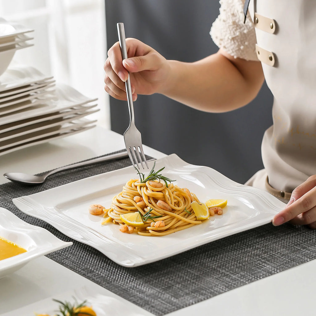 Square Dinnerware Sets 28 Piece White Porcelain Plates and Bowls Set Salt Pepper Pot Salad Pasta Bowls Dinner Set