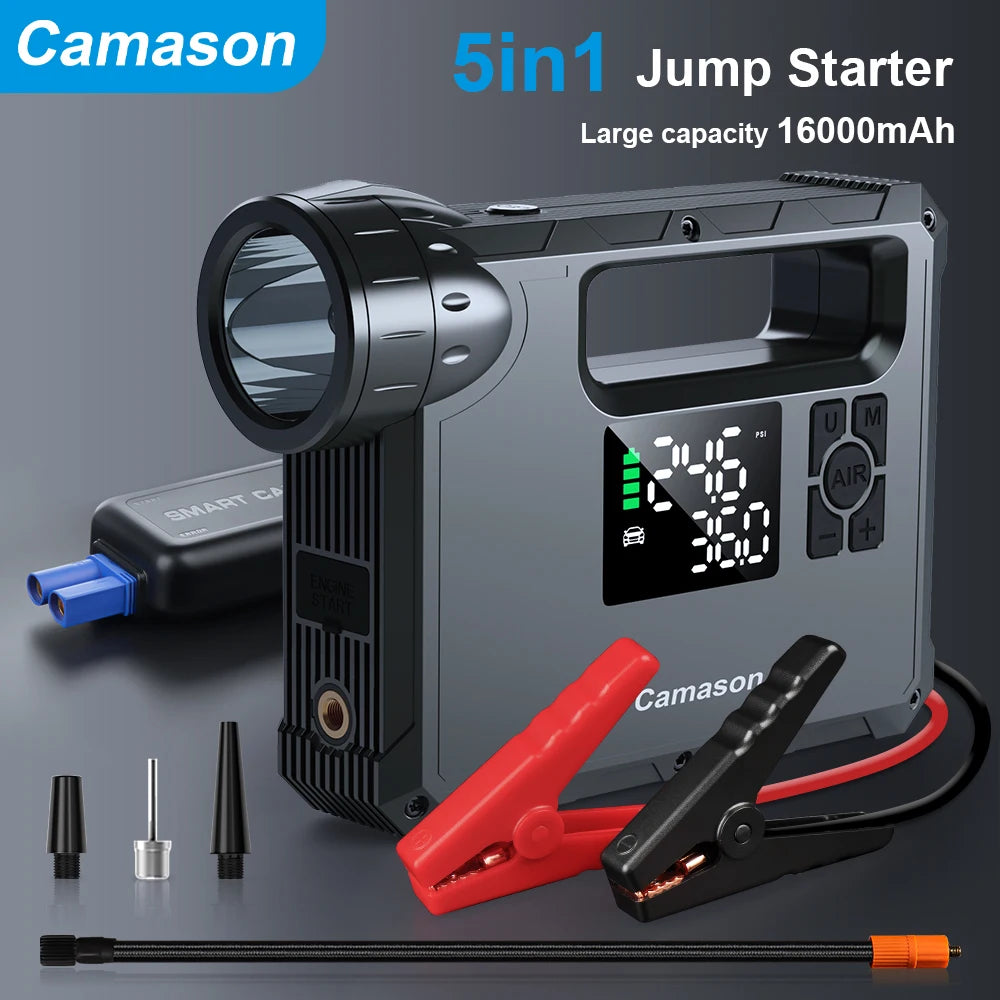 5 in 1 Car Jump Starter with air Compressor Portable Flashlight