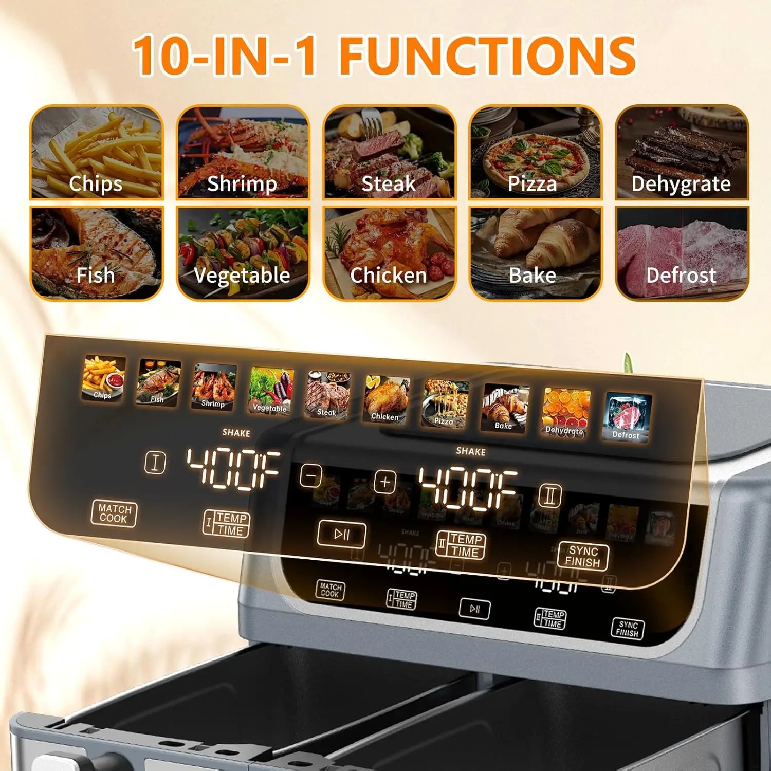 10-in-1 Air Fryer 9.5 QT, Large Airfryer with with 2 Independent Frying Baskets, Sync Finish & Match Cook, Shake Reminder