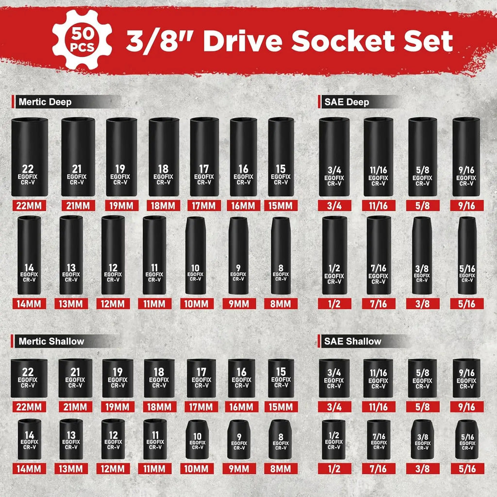 50-Piece 3/8" Impact Socket Set with SAE/Metric Sizes, Ratchet Handle & Extensions