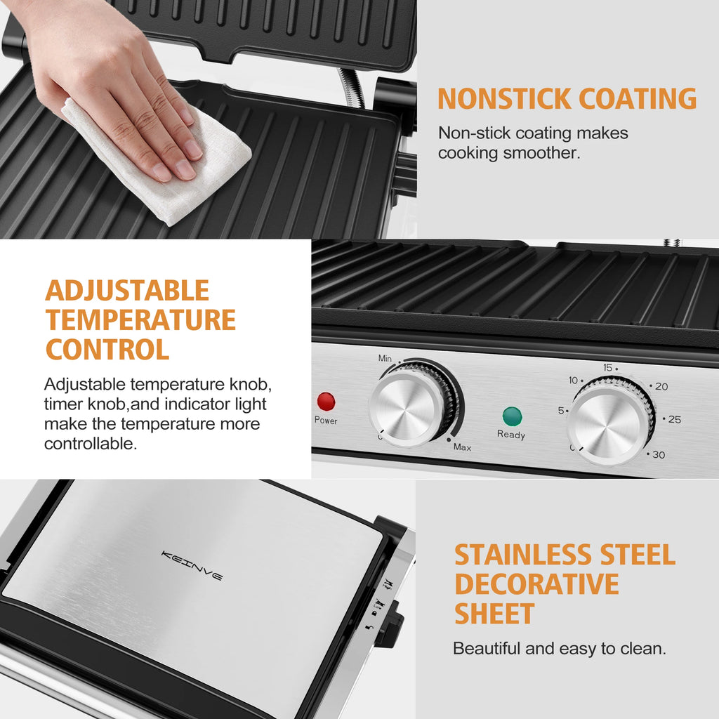 1600W 4-Slice Panini Press With Timer, Adjustable Temp & 180° Opening