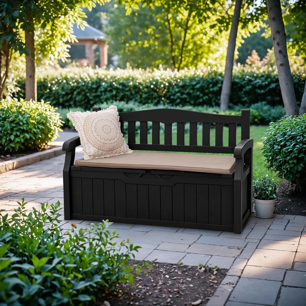 Devoko 80 Gallon Lockable Storage Bench Deck Box, Outdoor Seating & Patio Furniture Storage for Cushions & Garden Tools, Black