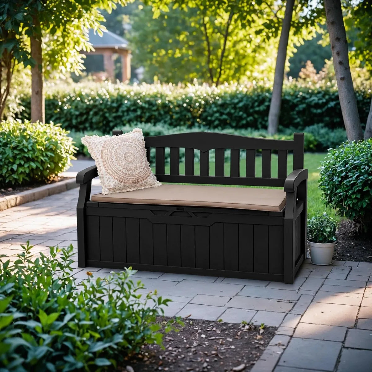 Devoko 80 Gallon Lockable Storage Bench Deck Box, Outdoor Seating & Patio Furniture Storage for Cushions & Garden Tools, Black