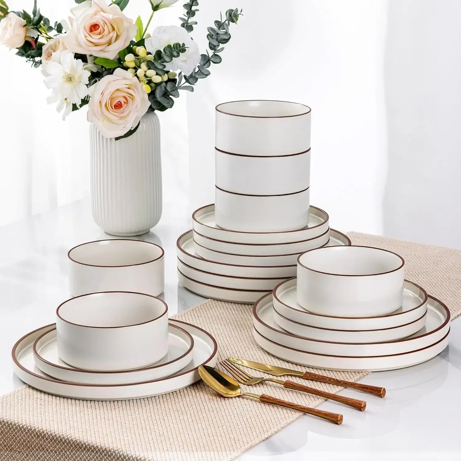 Ceramic Dinnerware Sets for 8, High Edge Stoneware Plates and Bowls Set, Chip and Crack Resistant | Oven & Dishwasher
