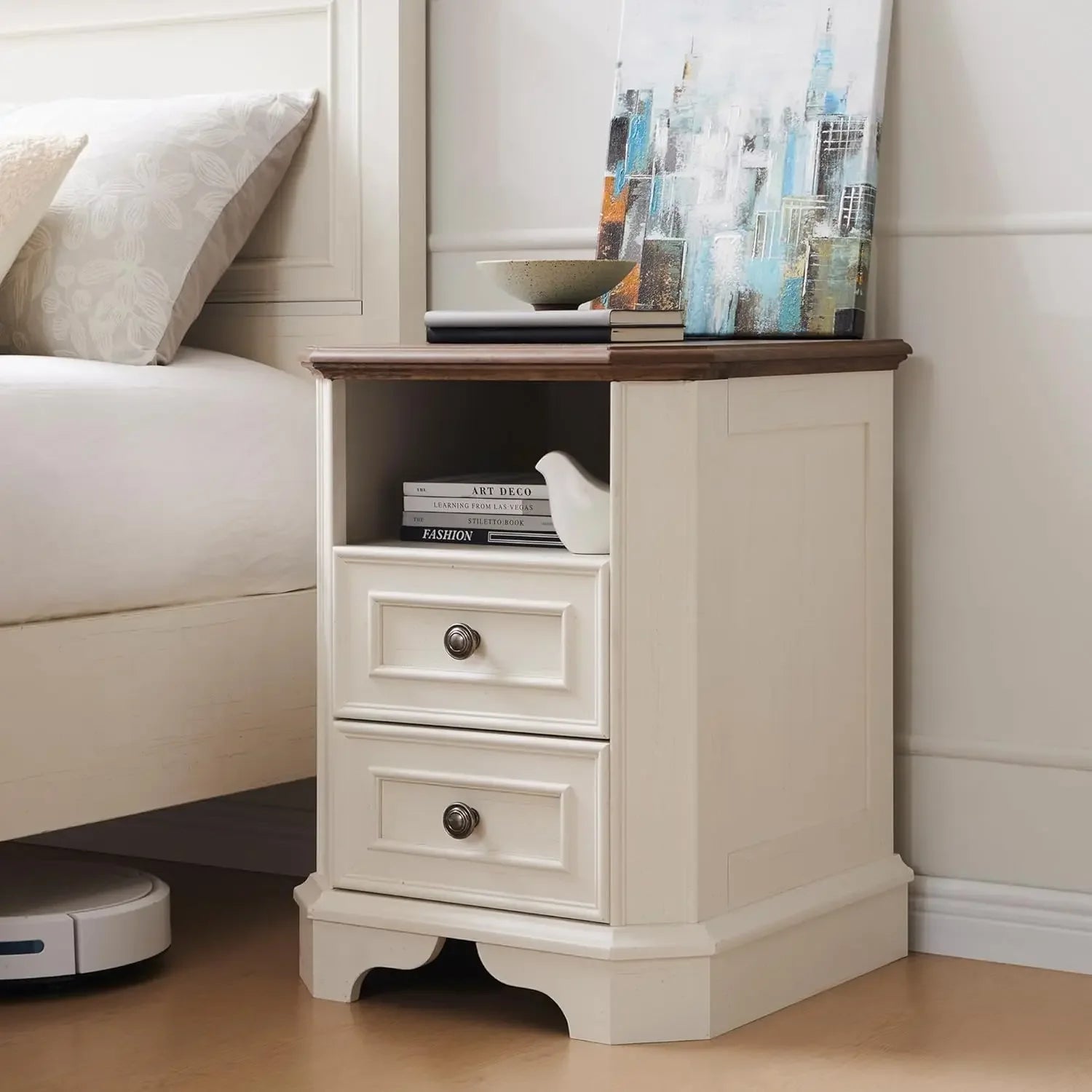 Farmhouse Nightstand Set of 2 with Charging Station, 18" End Table with 2 Drawers