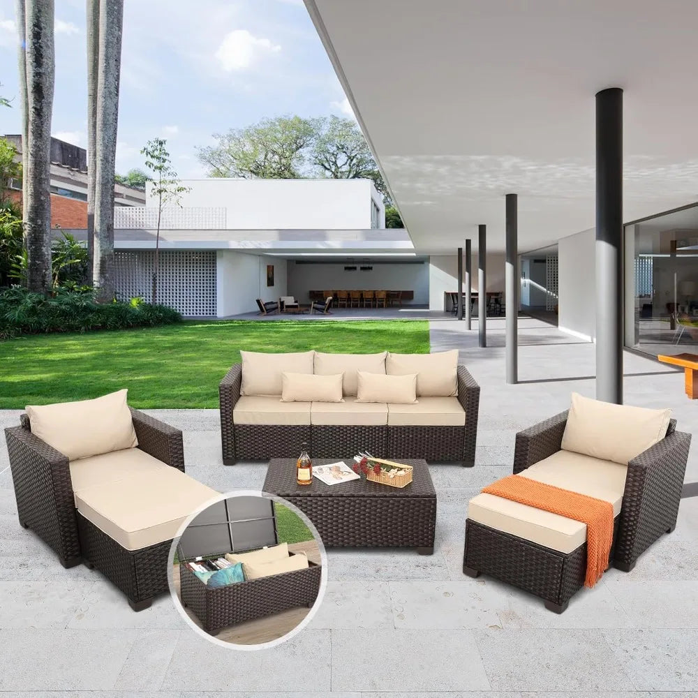 6 Pieces Wicker Sofa Set with Outdoor Couch Patio Chairs Storage Coffee Table