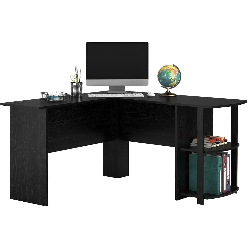 Modern Black Oak L-Shaped Desk with Bookshelves, Easy Assembly for Home Office
