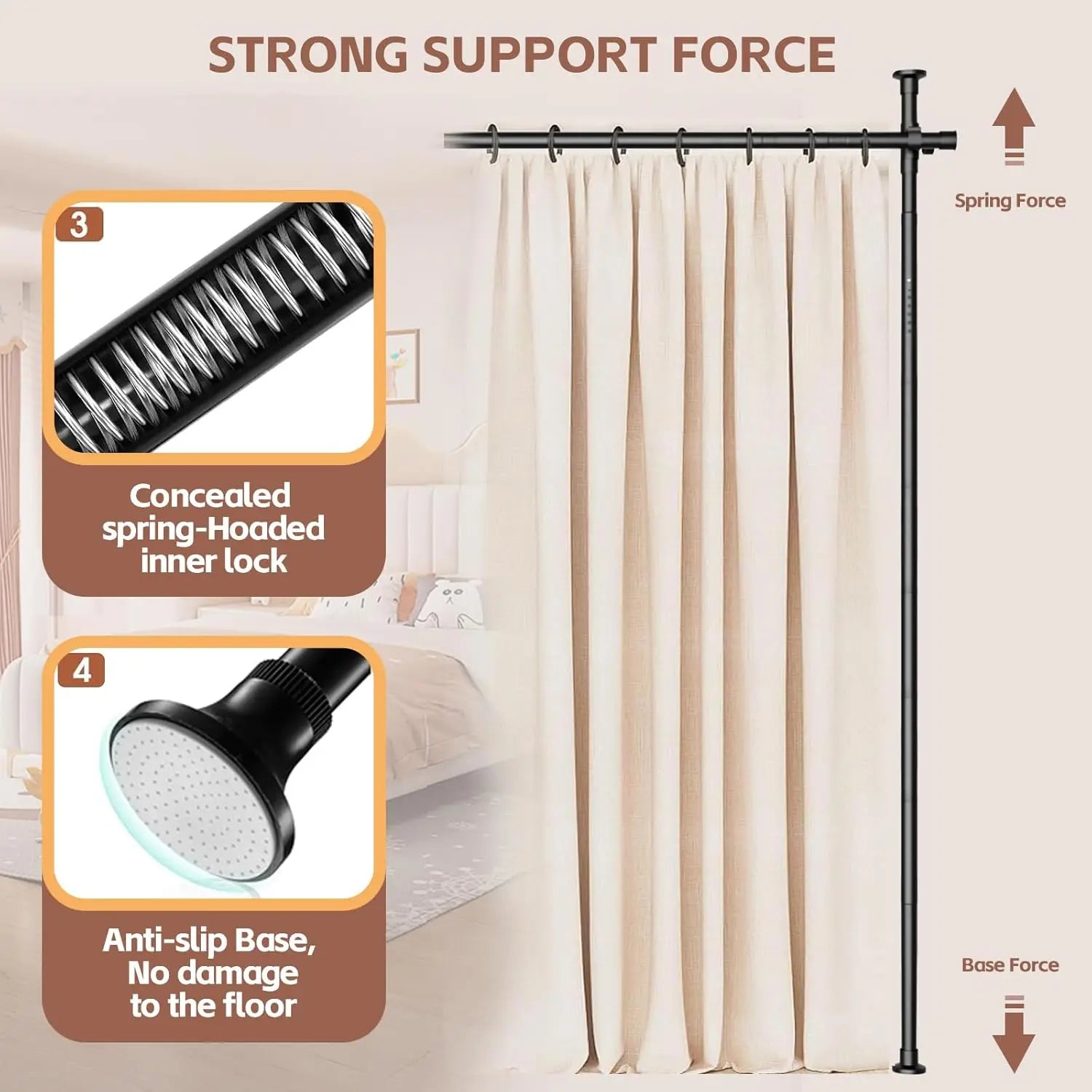 Adjustable Room Divider Curtain Rod, No Drilling Partition for Space Separation, 4-10ft Height, Portable Wall Dividers