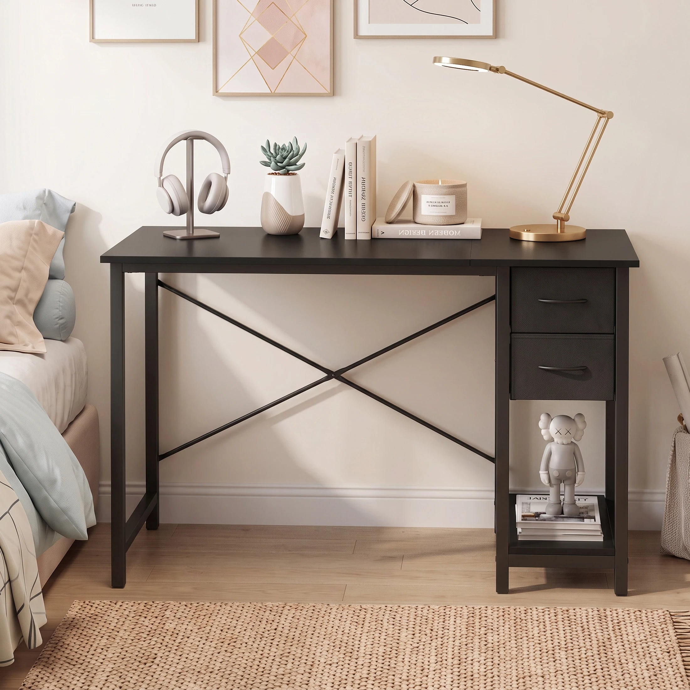 40 Inch Standing Office Computer Desk with Drawers and Side Hook  X‑Frame Stability For Home Office Small Space