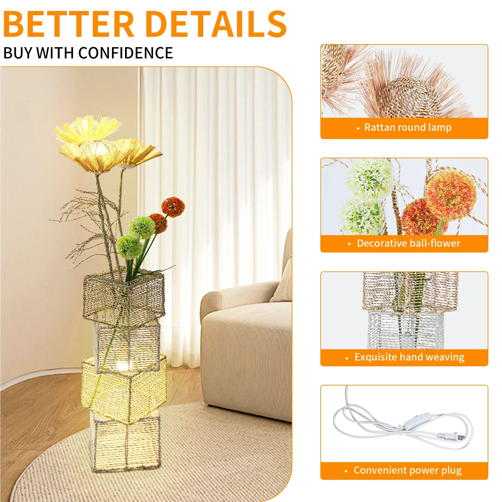 Modern Rattan Floor Lamp Dimmable Standing Floor Lamp