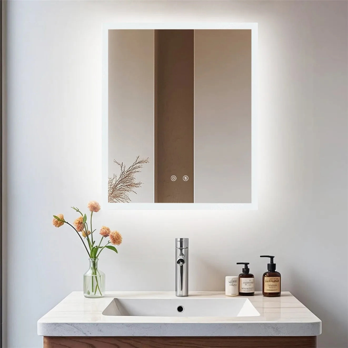 Wall Mirror w Anti-fog, Dual buttons, Memory, Tri-color light, Touch Dimmable