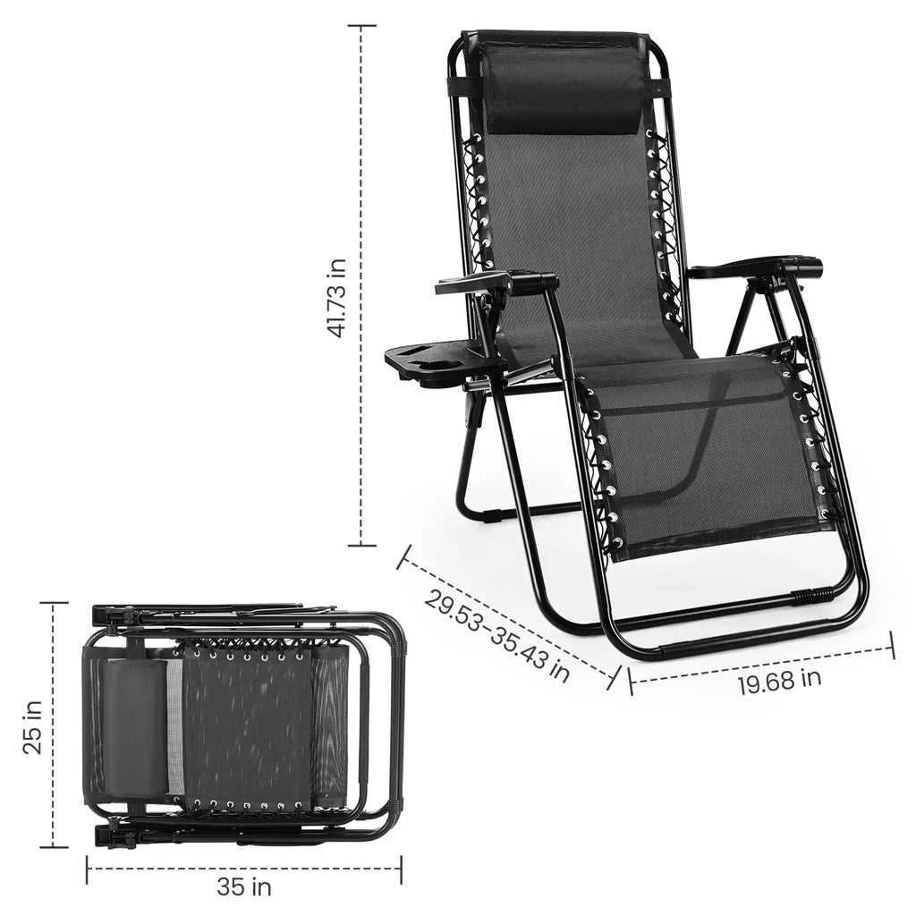 Zero Gravity Portable Recliner Camping Patio Lounge Chair with Cup Holder Trays Adjustable Pillow