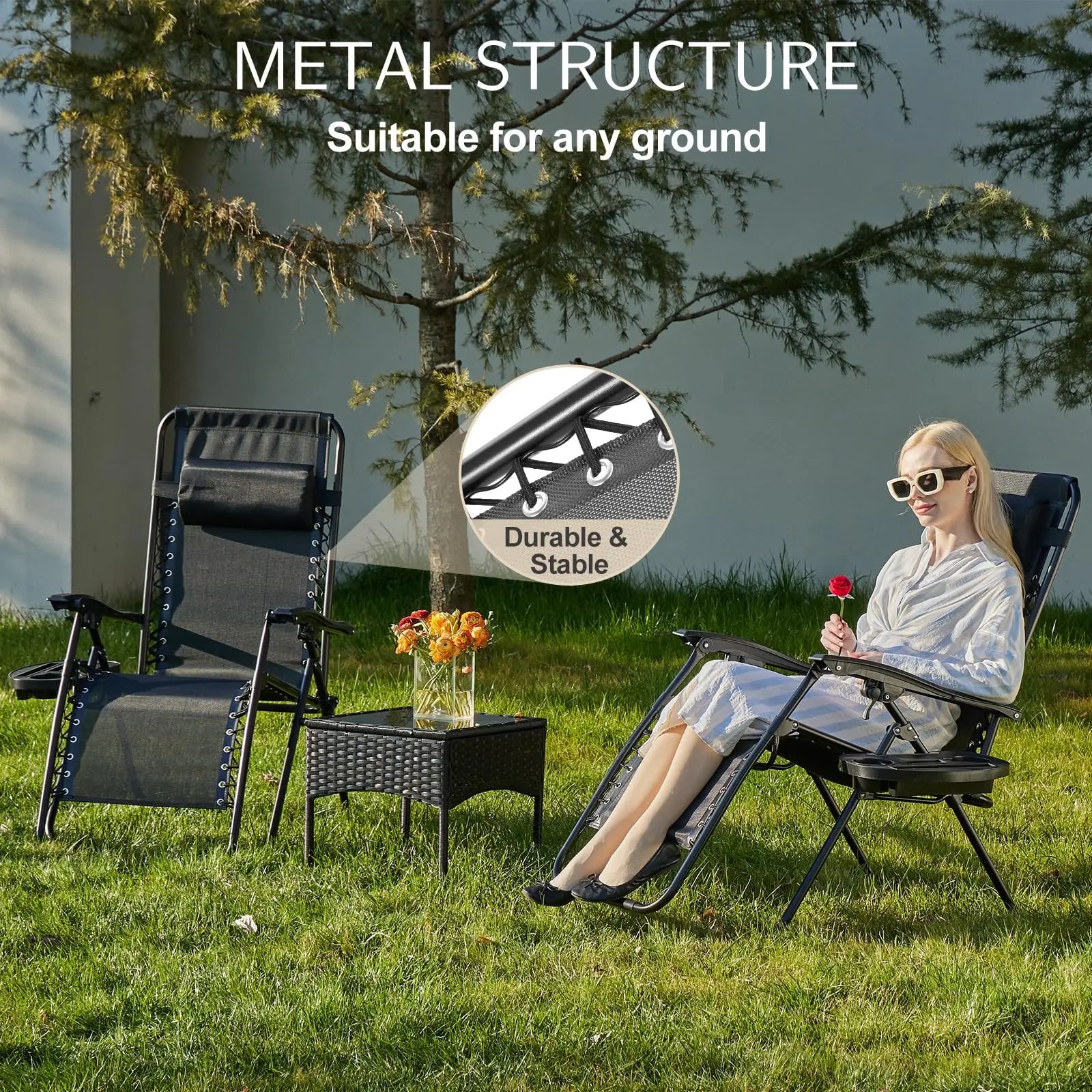 Zero Gravity Portable Recliner Camping Patio Lounge Chair with Cup Holder Trays Adjustable Pillow