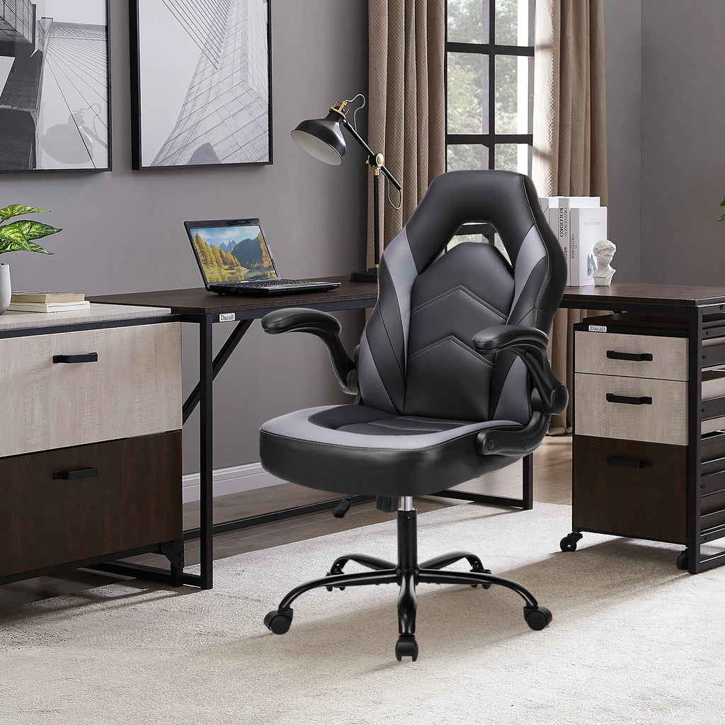 Ergonomic Office Chair with Swivel Rolling Adjustable PU Leather Racing Chair Flip-up Armrest
