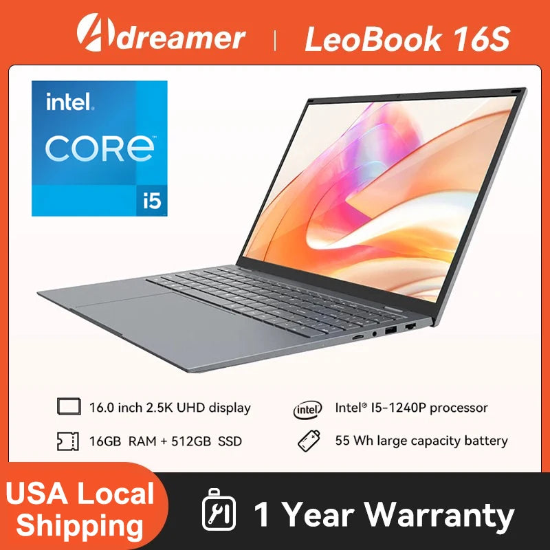 16 Inch Laptop with Intel Core i5 1240P 2.5K IPS Display Windows 11 Laptop 16GB RAM 1TB ROM SSD