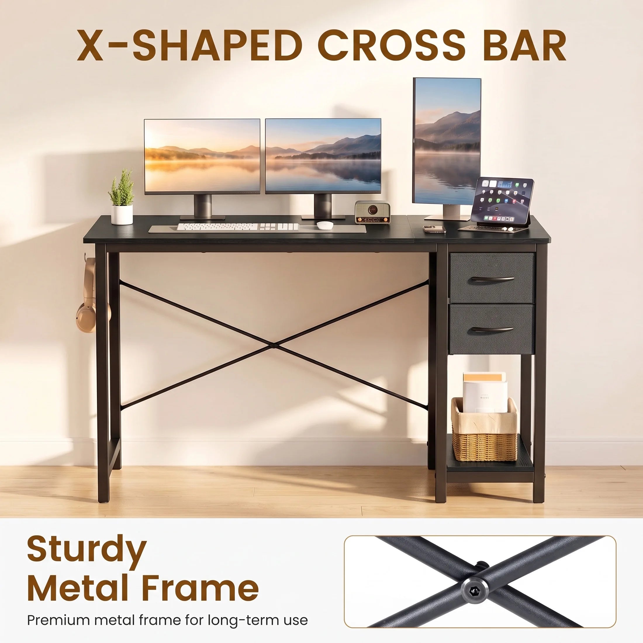 40 Inch Standing Office Computer Desk with Drawers and Side Hook  X‑Frame Stability For Home Office Small Space