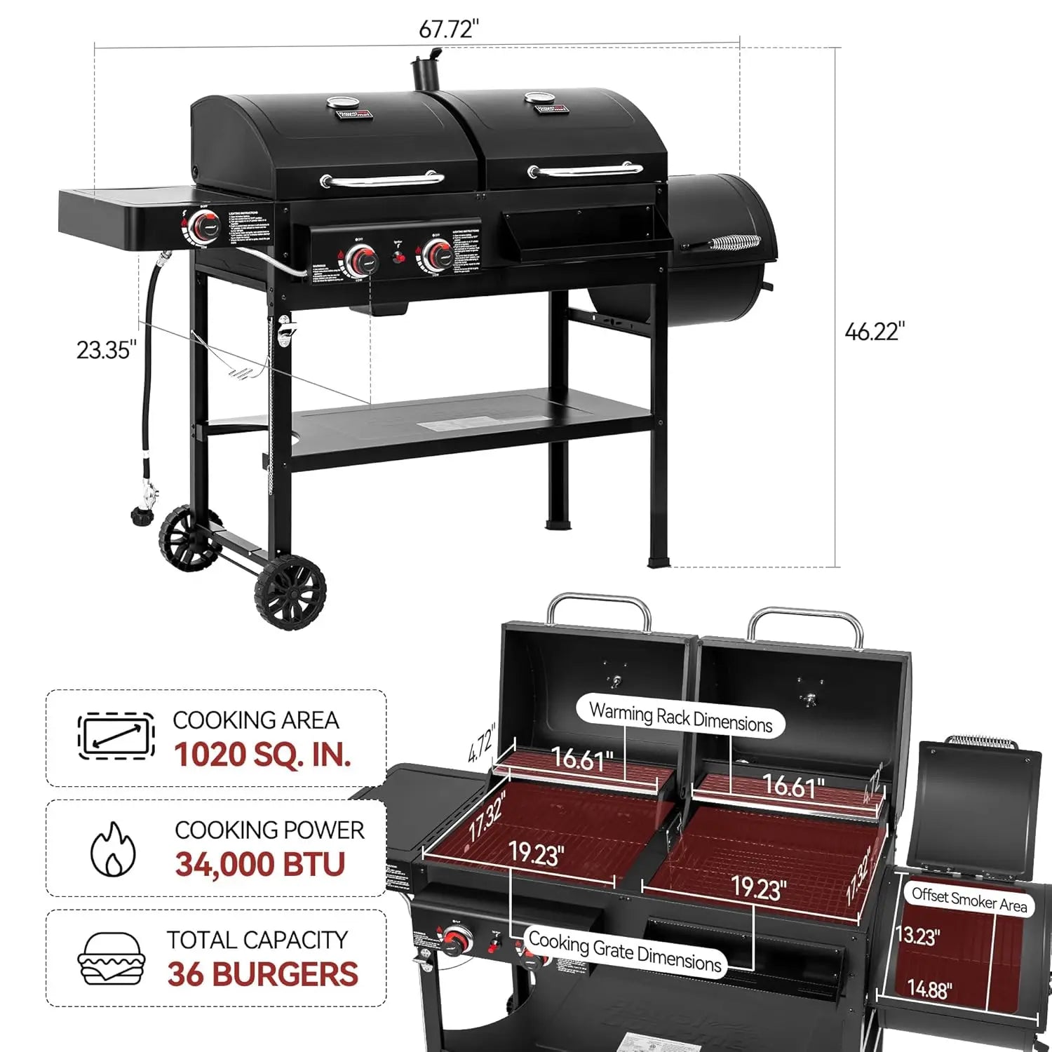 2-Burner Gas and Charcoal Combo Grill with Offset Smoker & Side Burner, 34,000 BTU Dual Fuel Grill, 1020 Sq. In.
