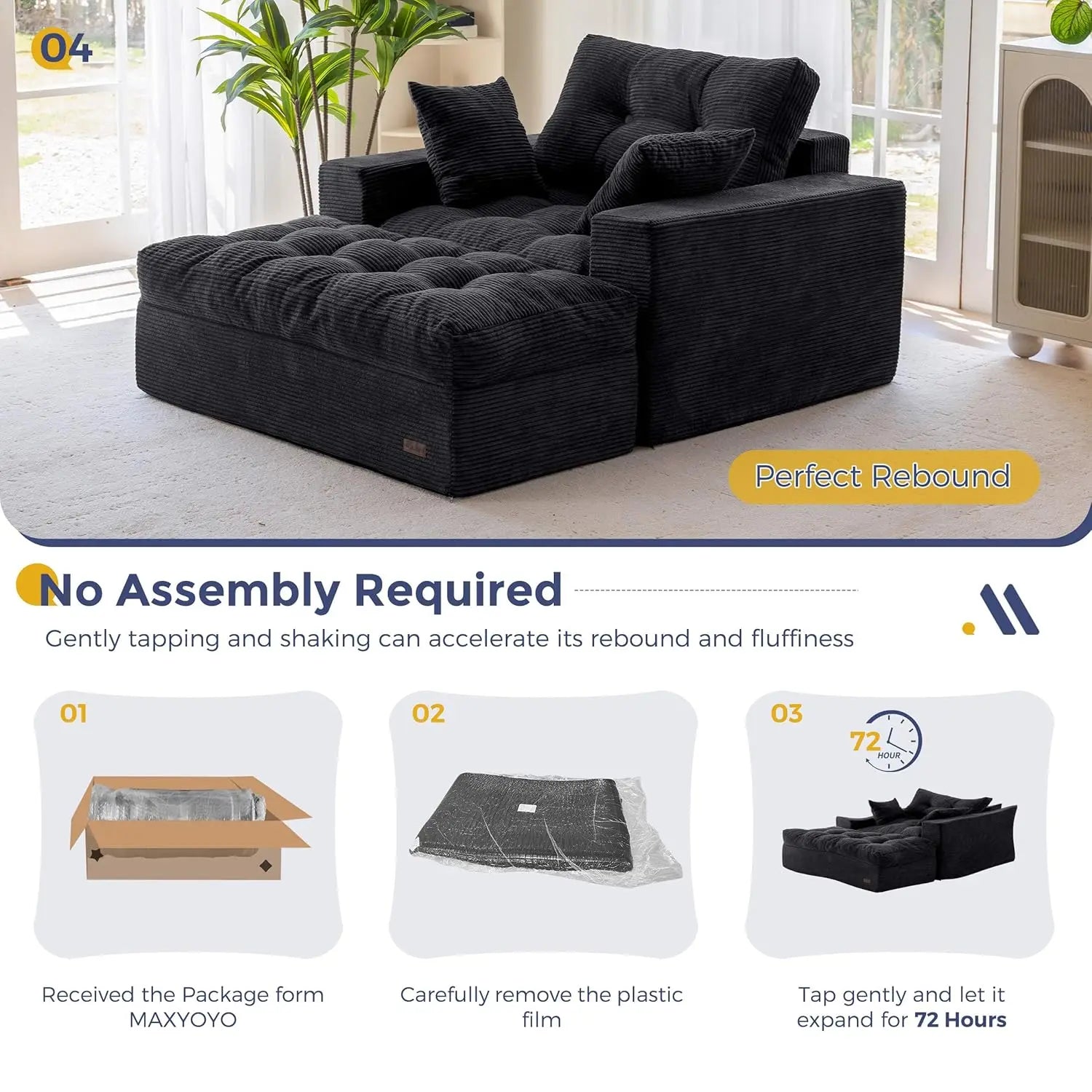 Upholstered Lounge Chair with 3 Pillows, Tufted Boneless Sofa Couch with Ottoman