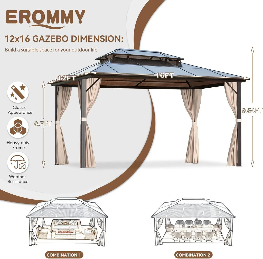 12' x 16' Gazebo Polycarbonate Double Roof Canopy Outdoor Aluminum Frame Pergola