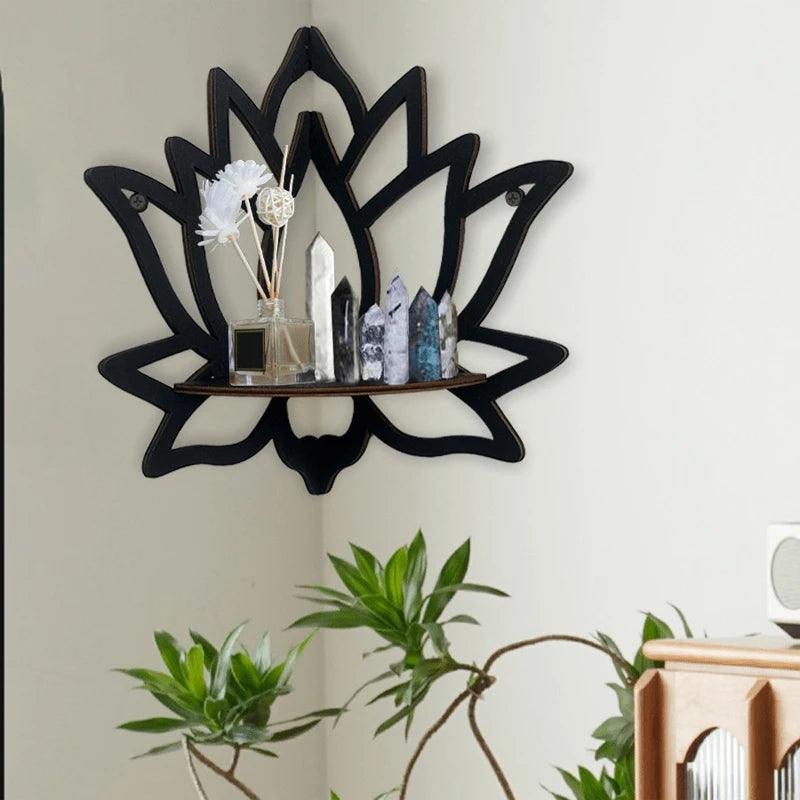 Wooden Lotus Hollow Decorative Wall Mounted Corner Shelf