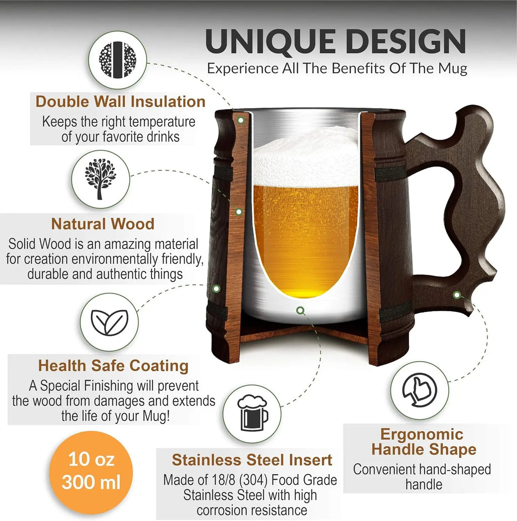 Set of 6 Wooden Beer Mugs with Stainless Steel Inserts, 10 OZ Capacity, Ideal for Men's Gifts on Father's Day or Christmas