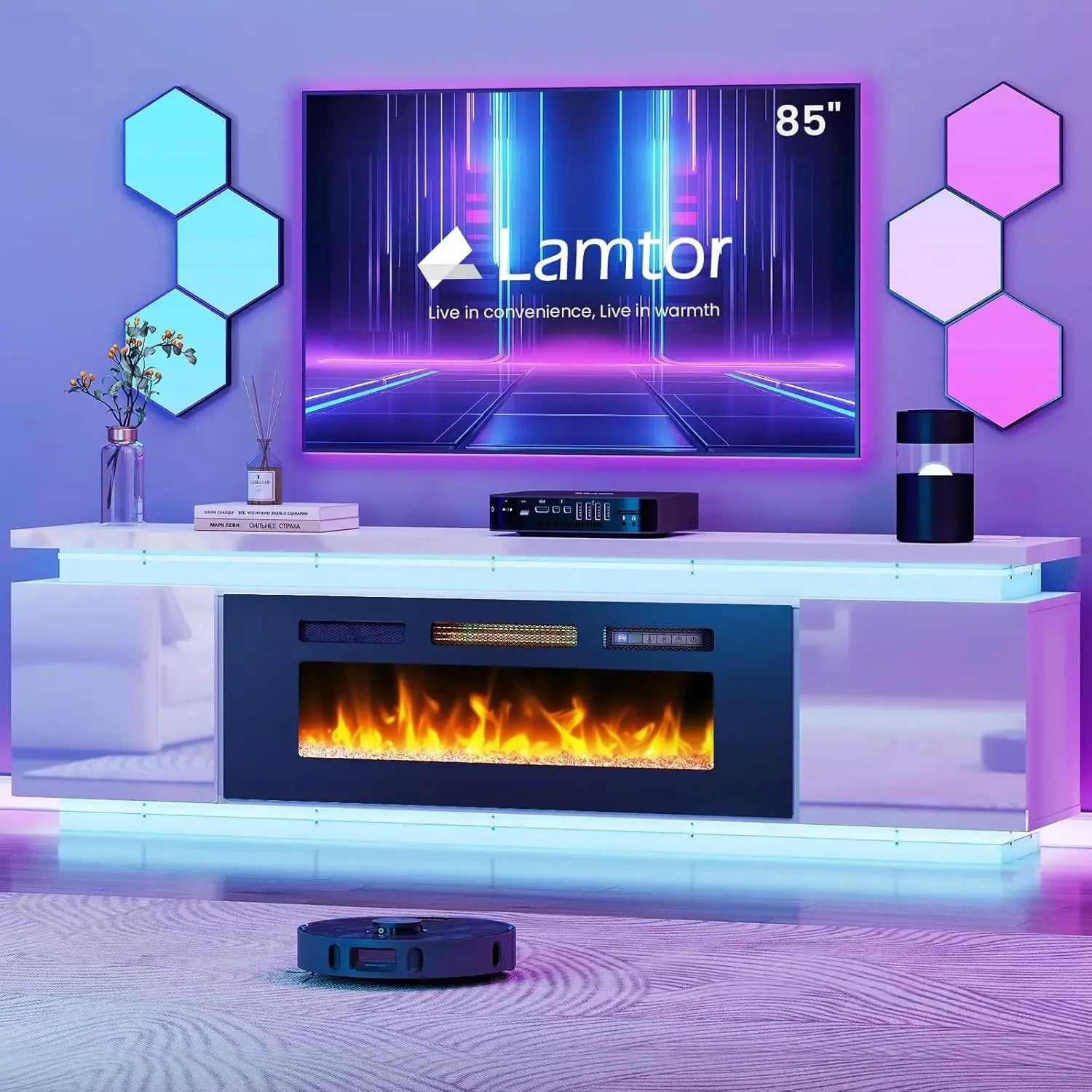 Fireplace TV Stand with LED Light, 4 AC Power Outlets