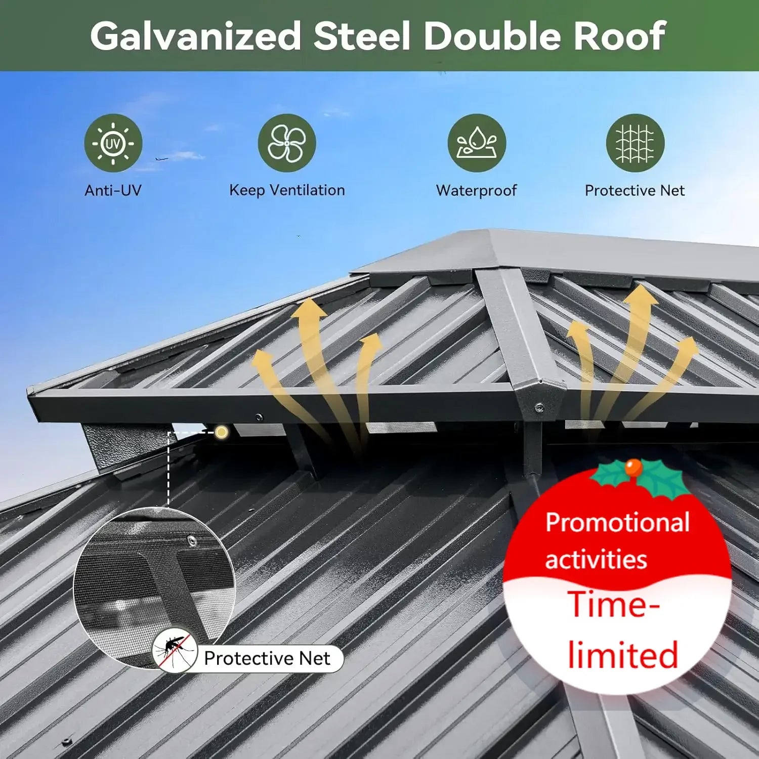 Hardtop Gazebo 10x12, Aluminum Frame Canopy with Double Galvanized Steel Roof