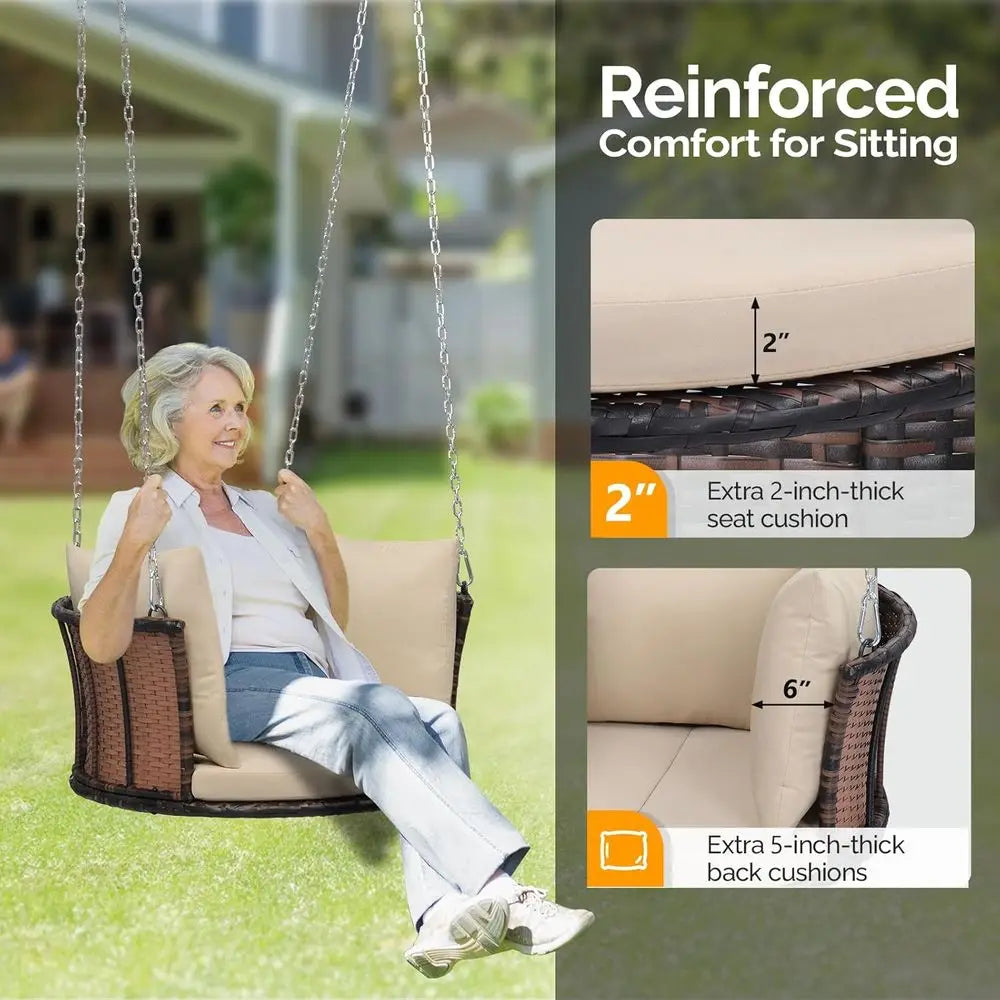 1-Person Use Round Rattan Porch Swing Outdoor Support 440 LBS with Cushions & Adjustable Chains
