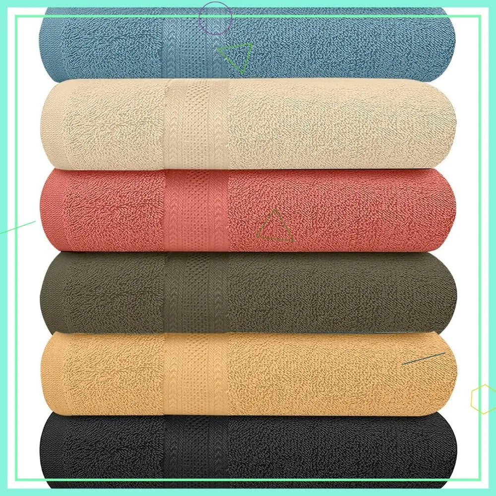 6-Pack Cotton Bath Towels, 27x54 Inches, Lightweight & Quick-Dry, Multi-Color Set