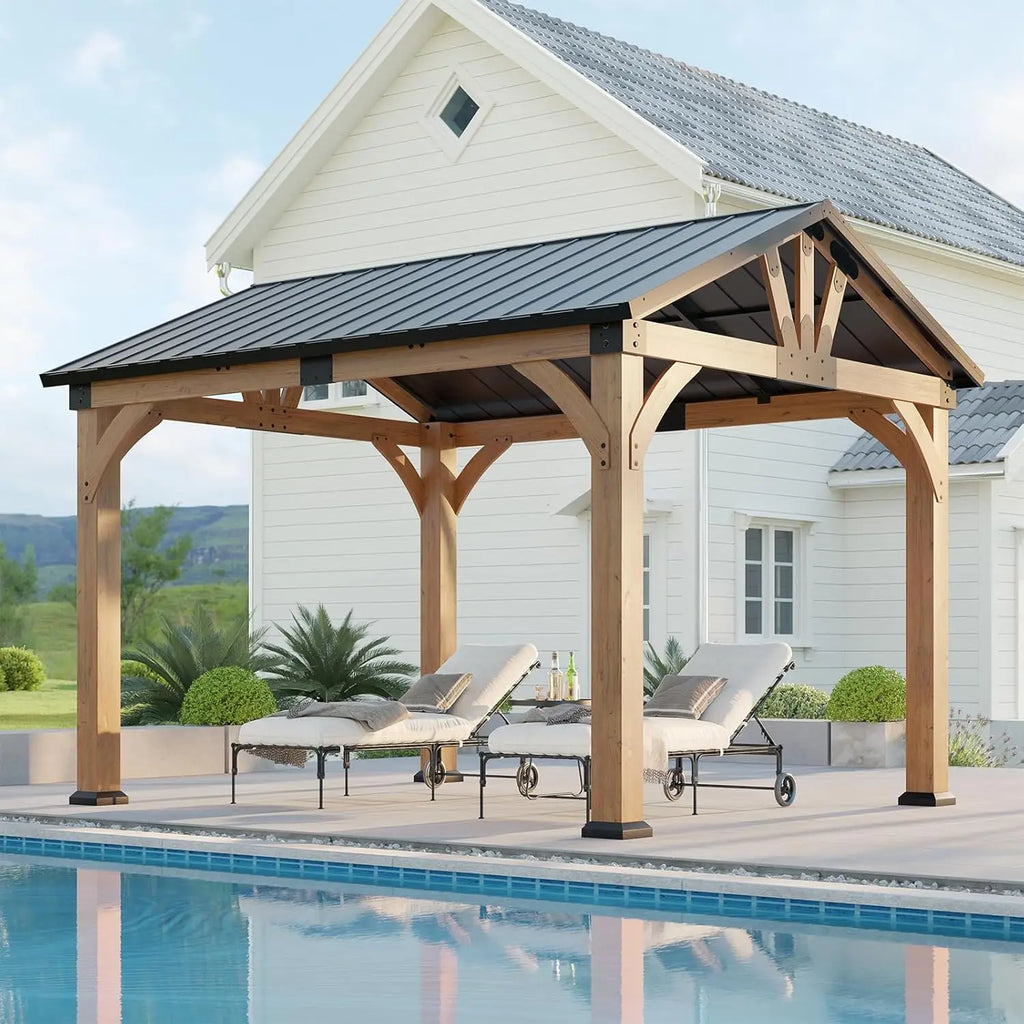 10x12 ft Wood Gazebo, Hardtop Gazebo with Galvanized Steel Peak Roof