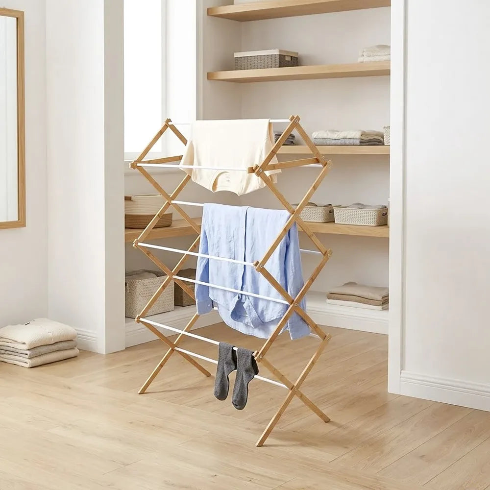 Foldable Bamboo Clothes Drying Rack Collapsible Space Saving Indoor Outdoor