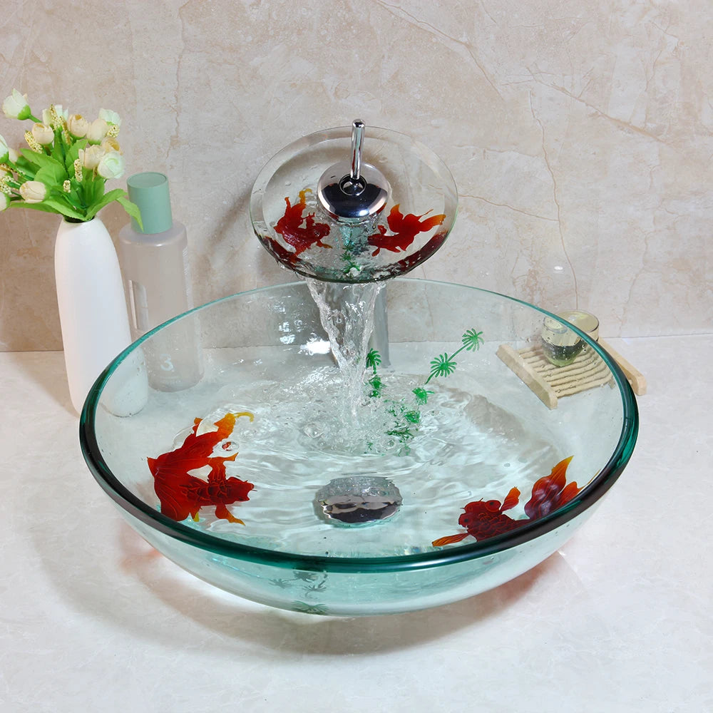 Basin Vanity Sink with Goldfish Pattern and Faucet Set