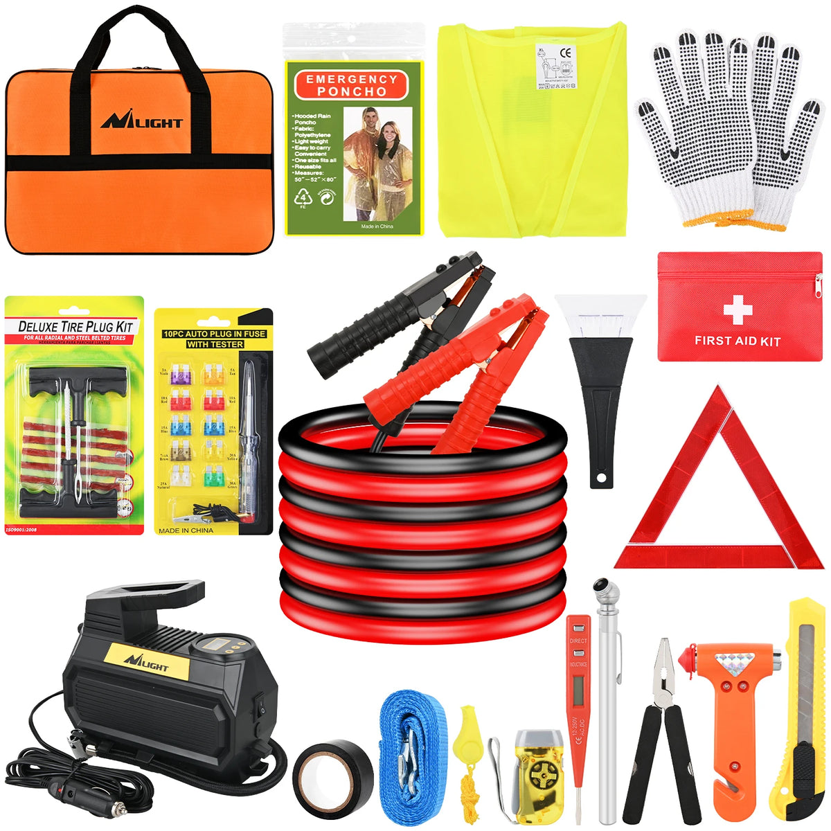Car Emergency Kit with Jumper Cable, First Aid Kit Safety Assistance Tools for Travel Camping Outdoor Cars Truck SUV RV, Roadside Essentials with Flash Light